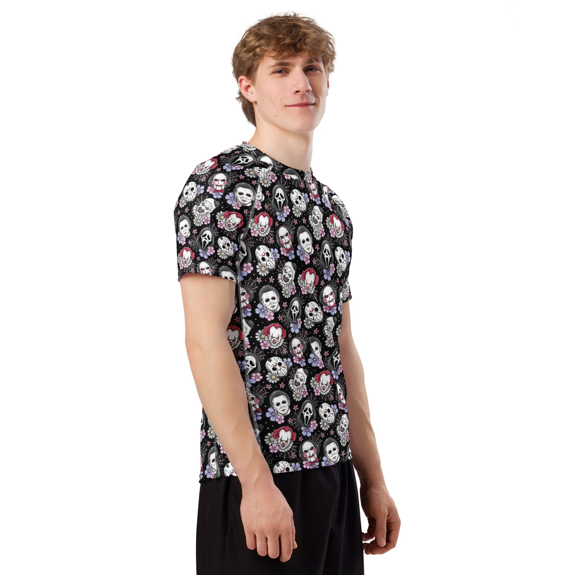 Black horror characters all-over print unisex short sleeve rash guard, featuring spooky designs on white background.