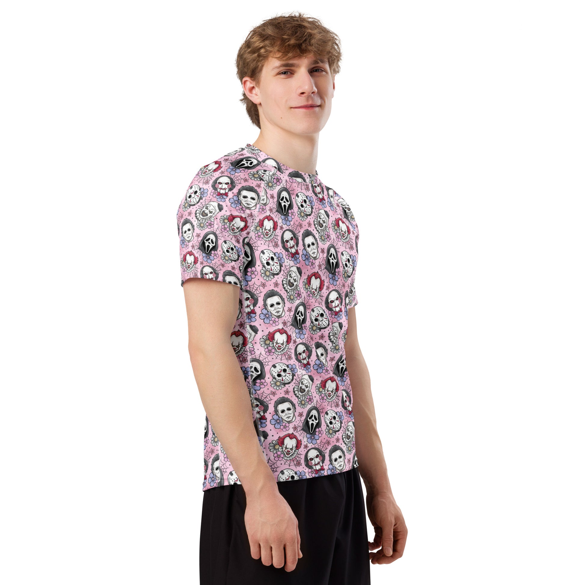 Pink Horror character all-over print unisex short sleeve rash guard with vibrant pink designs and recycled fabric, front view.