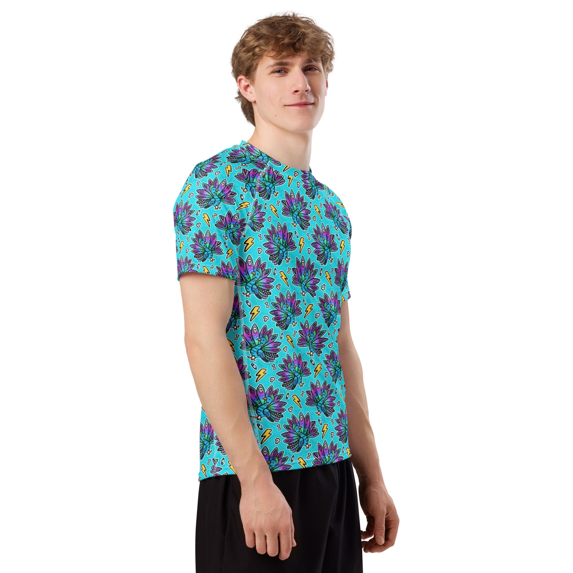 Peacock all-over print unisex short sleeve rash guard by Printful, featuring vibrant peacock design on recycled fabric, right front view.
