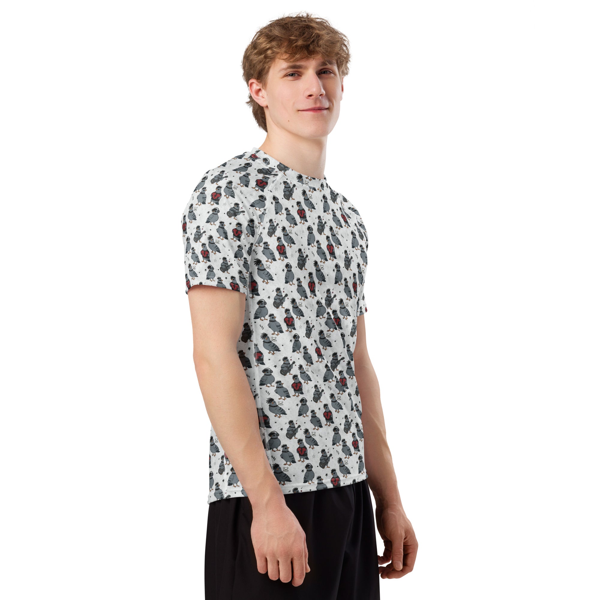 White unisex Rash Guard with all-over print of colorful emo pigeons, short sleeves, designed for active wear by Printful