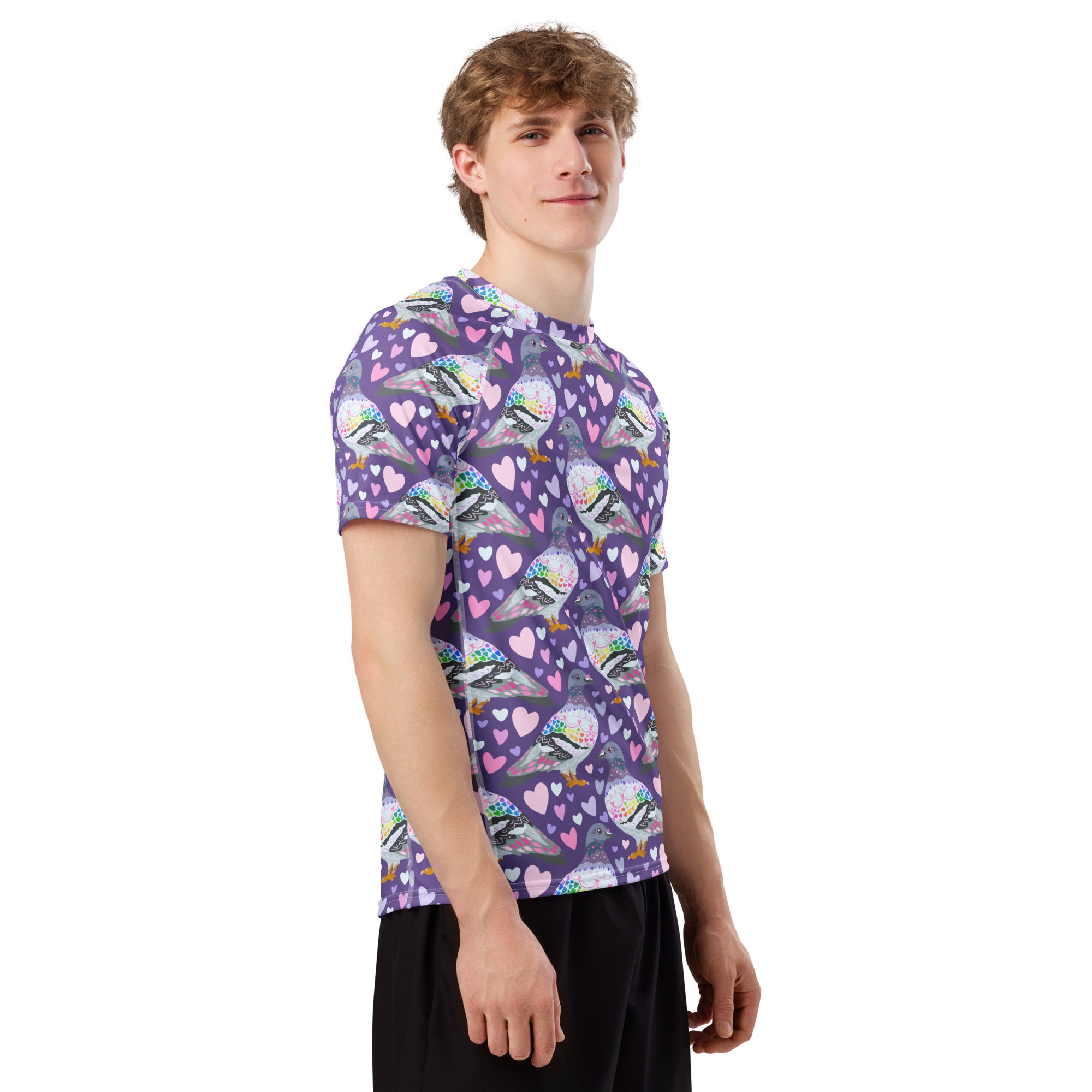 White unisex short sleeve rash guard with all-over pigeon love print from Printful, designed for active swimwear and sun protection.