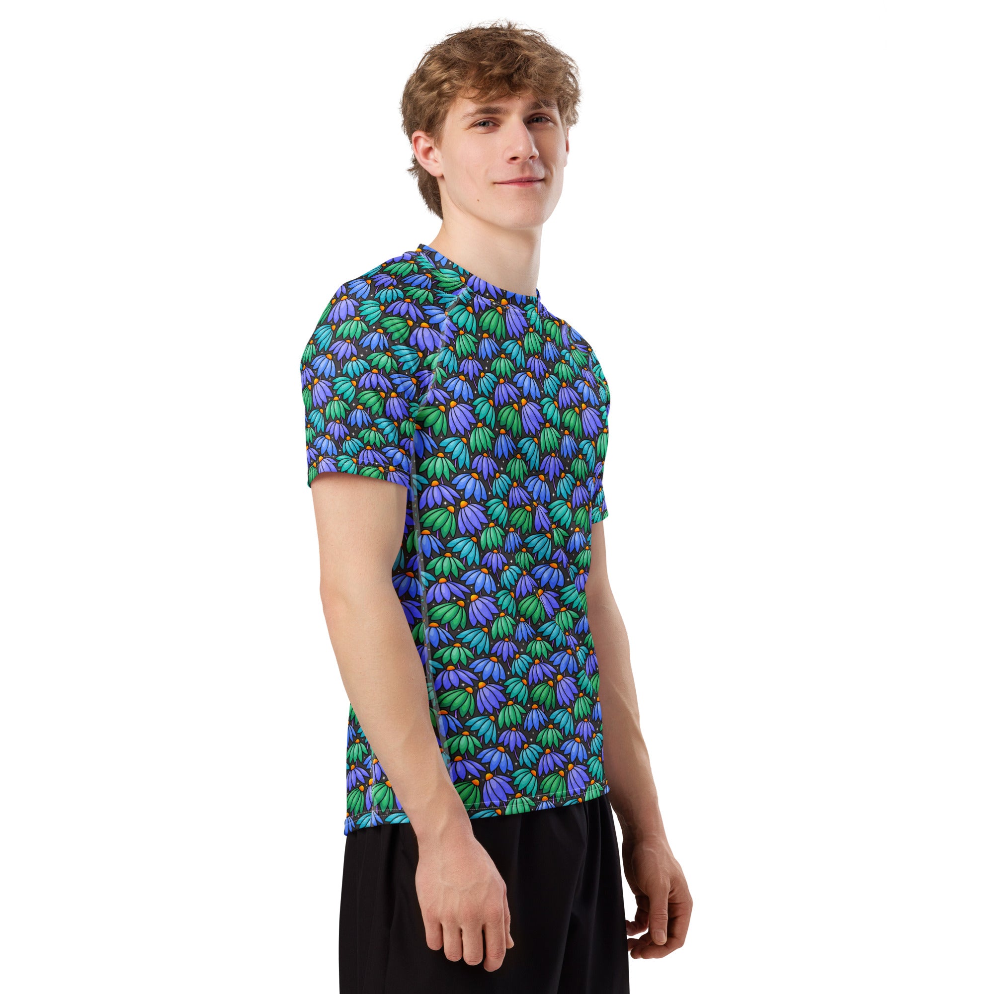 Unisex white rash guard with all-over floral print, short sleeves, made by Printful for active wear and sun protection.