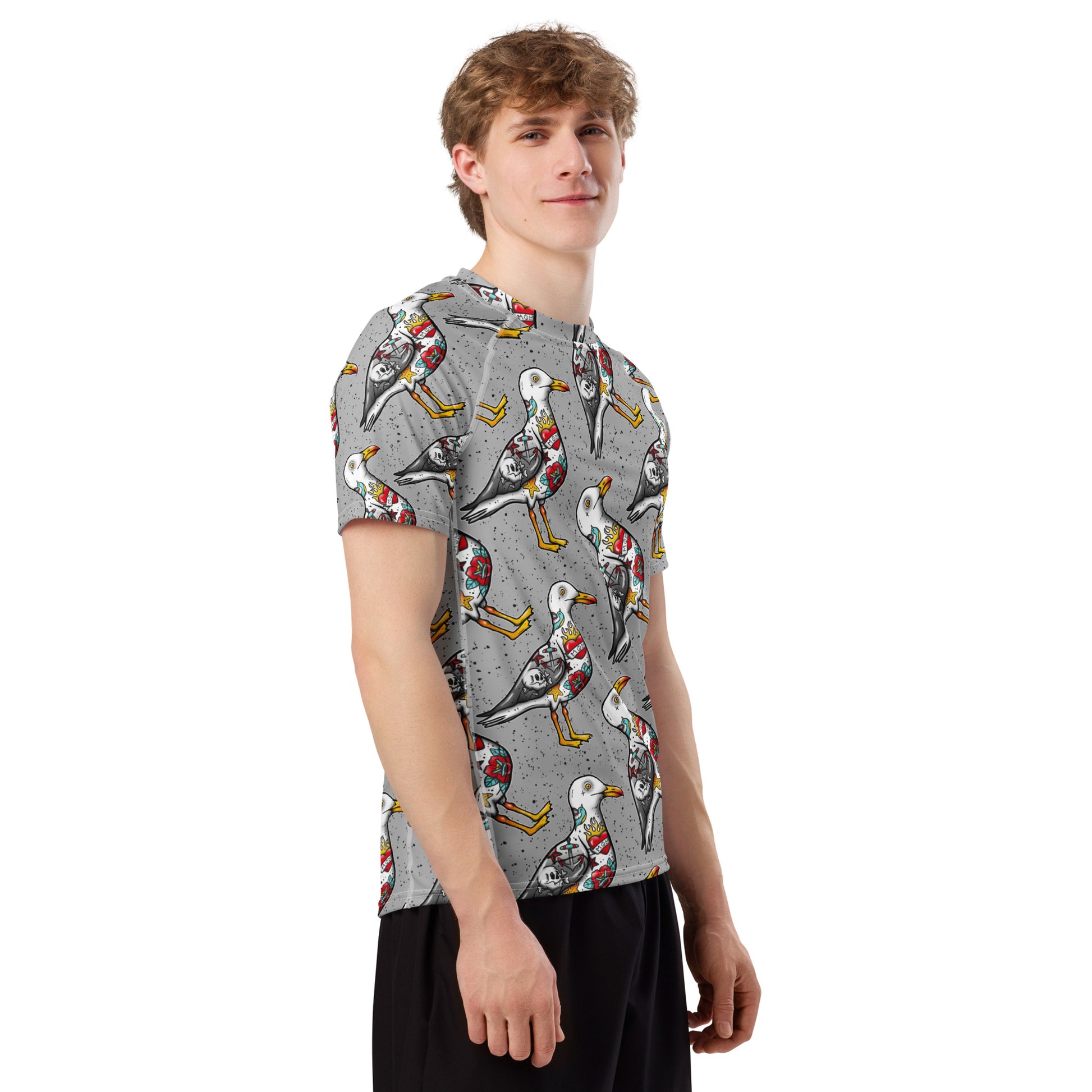 Grey Nautigul Seagull all-over print unisex short sleeve rash guard with seagull design, recycled fabric, right front view.