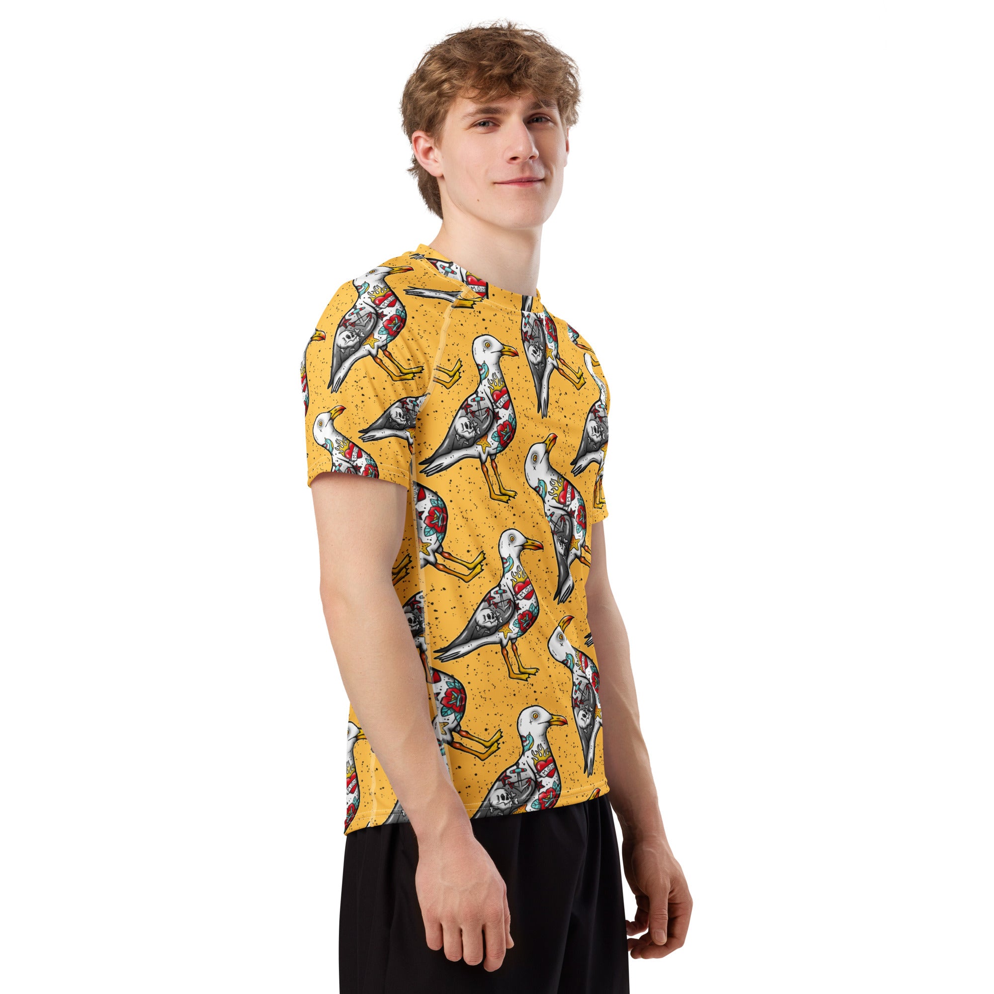 Yellow Nautigul Seagull all-over print unisex short sleeve rash guard with seagull design on recycled fabric, front view.