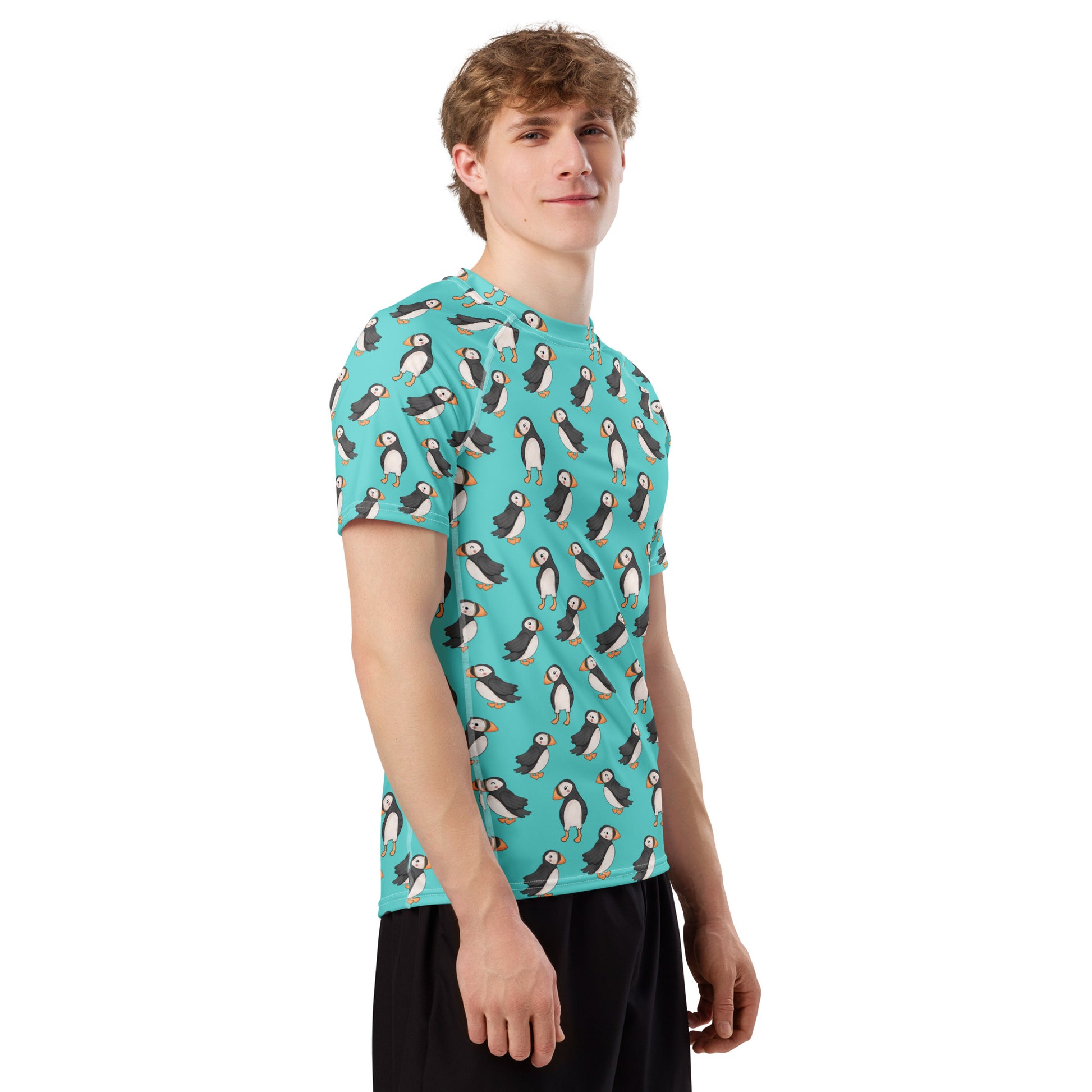 White Puffin All-Over Print Unisex Short Sleeve Rash Guard with colorful bird design, made from recycled materials.