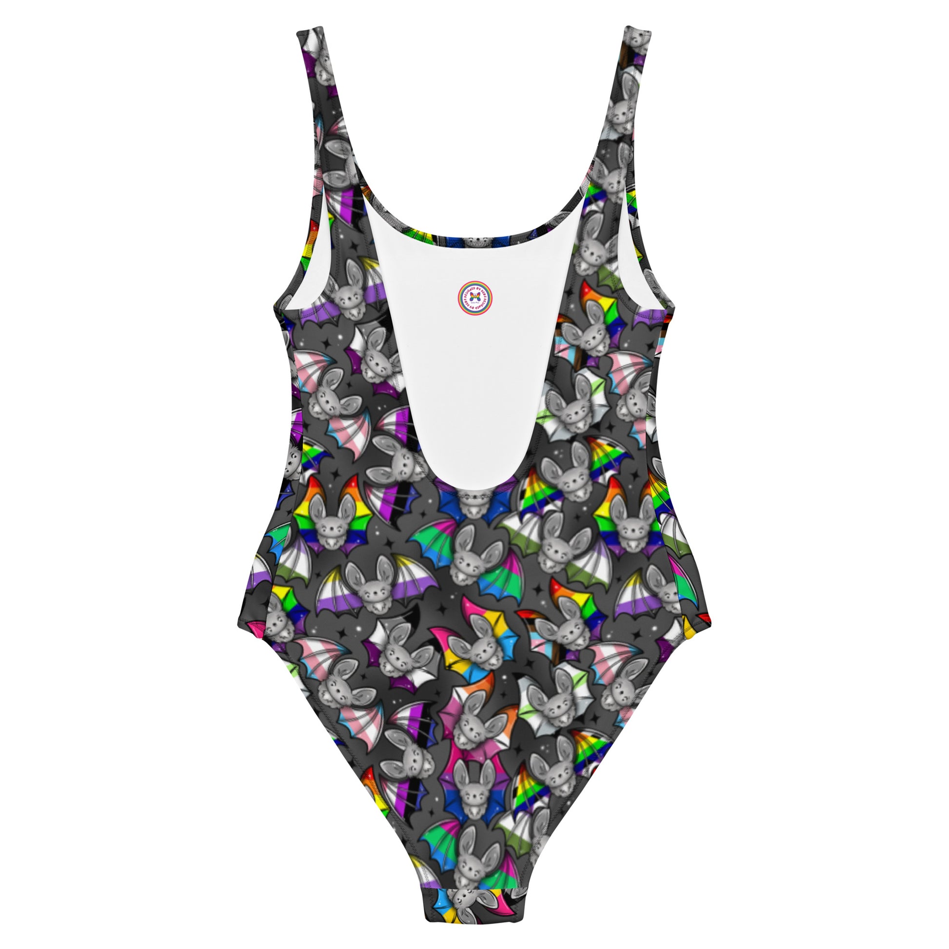 LGBTQ+ Pride Pride Bats swimsuit by Printful, all-over-print white one-piece with colorful pride bat design, UPF 50+ recycled fabric.