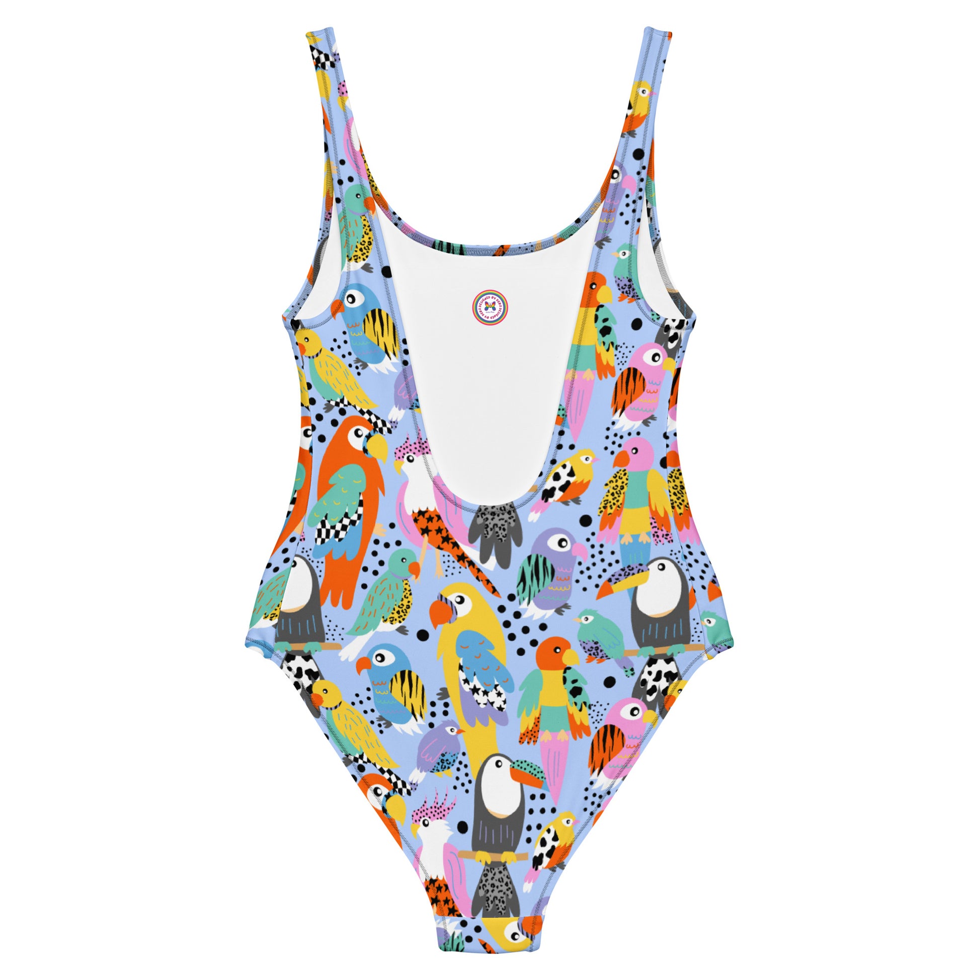 Handmade tropical birds print one-piece swimsuit with UPF 50+ by Printful, featuring vibrant bird illustrations on white background.