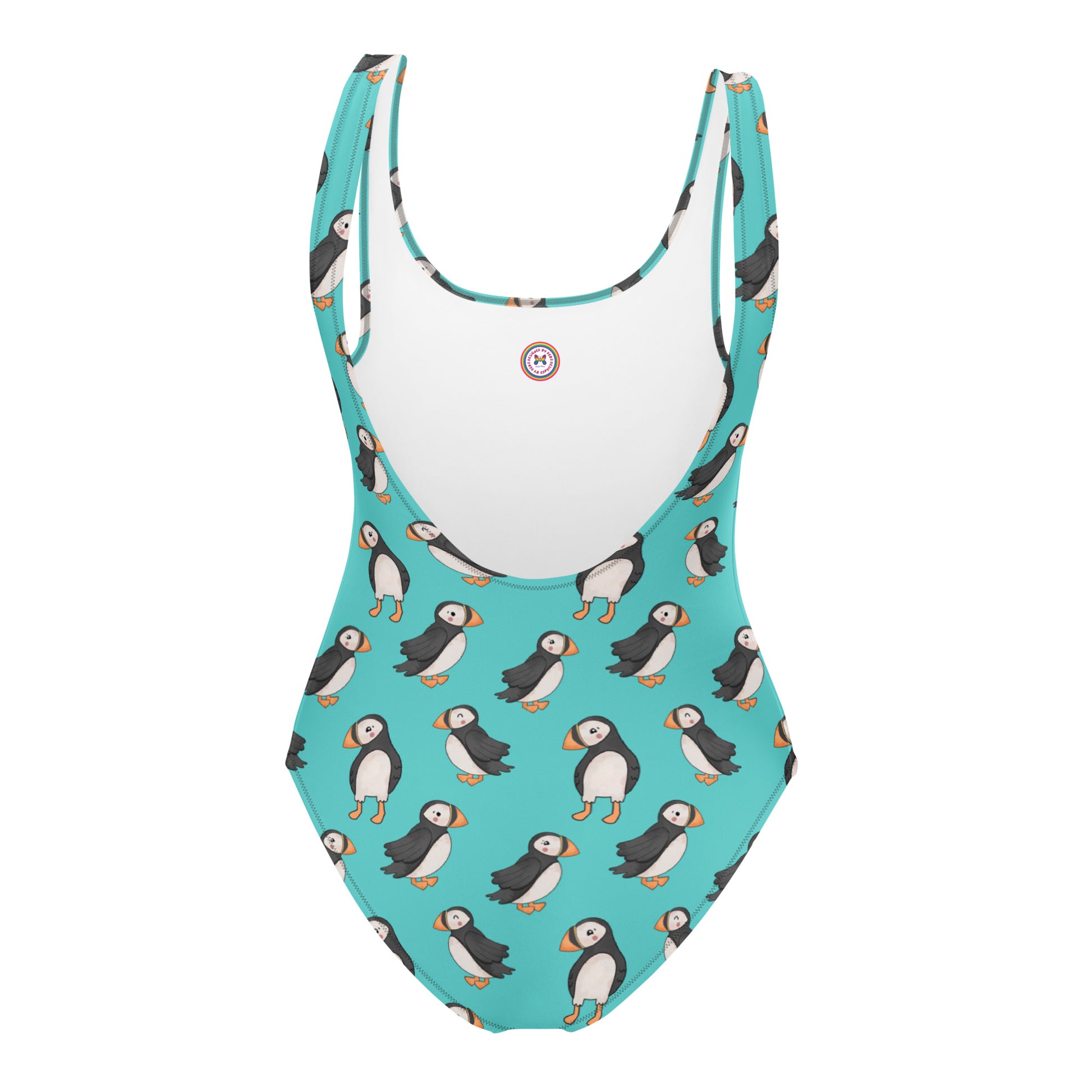 Teal one-piece swimsuit with cute puffin print from Printful, featuring all-over puffin design and white back.
