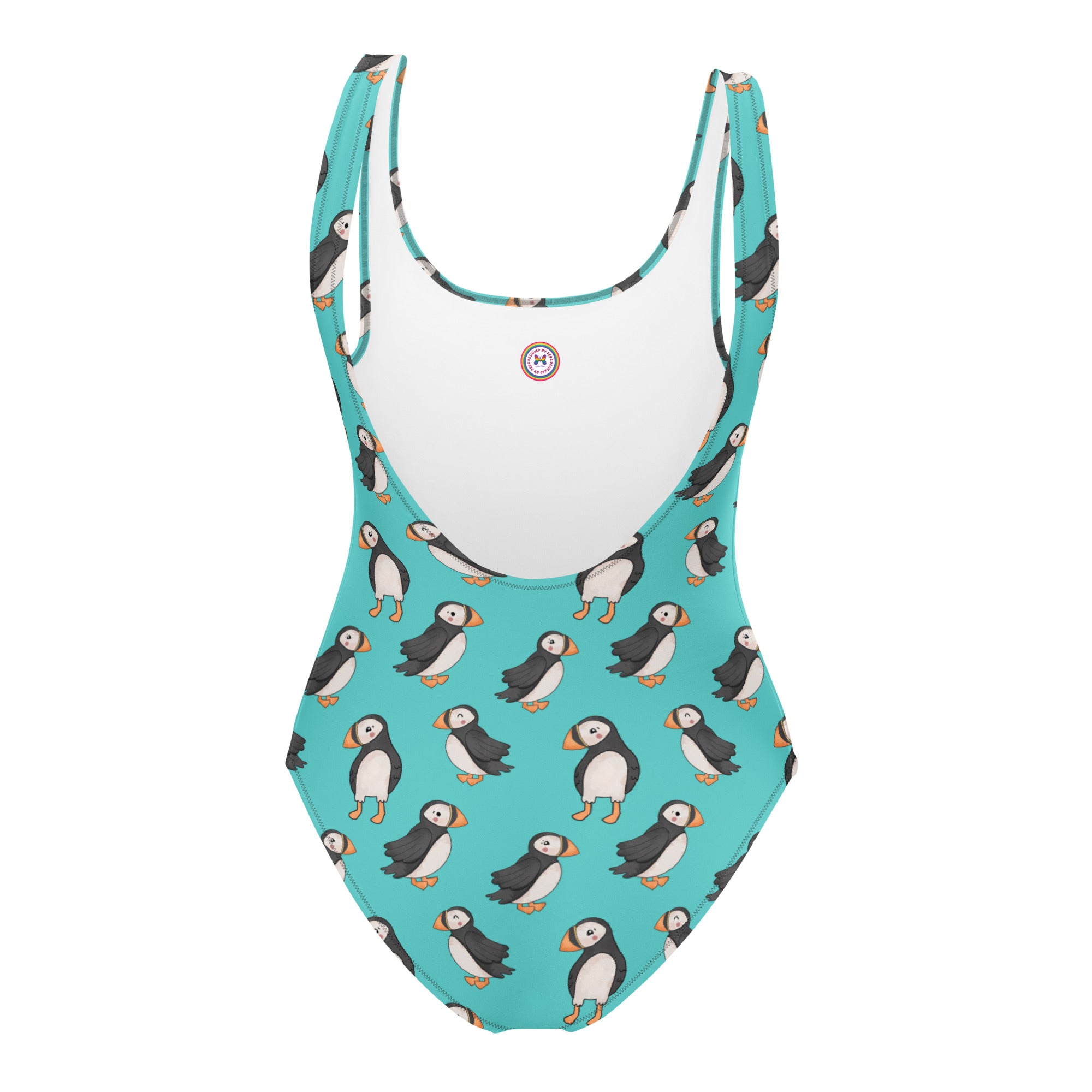Teal one-piece swimsuit with cute puffin print from Printful, featuring all-over puffin design and white back.