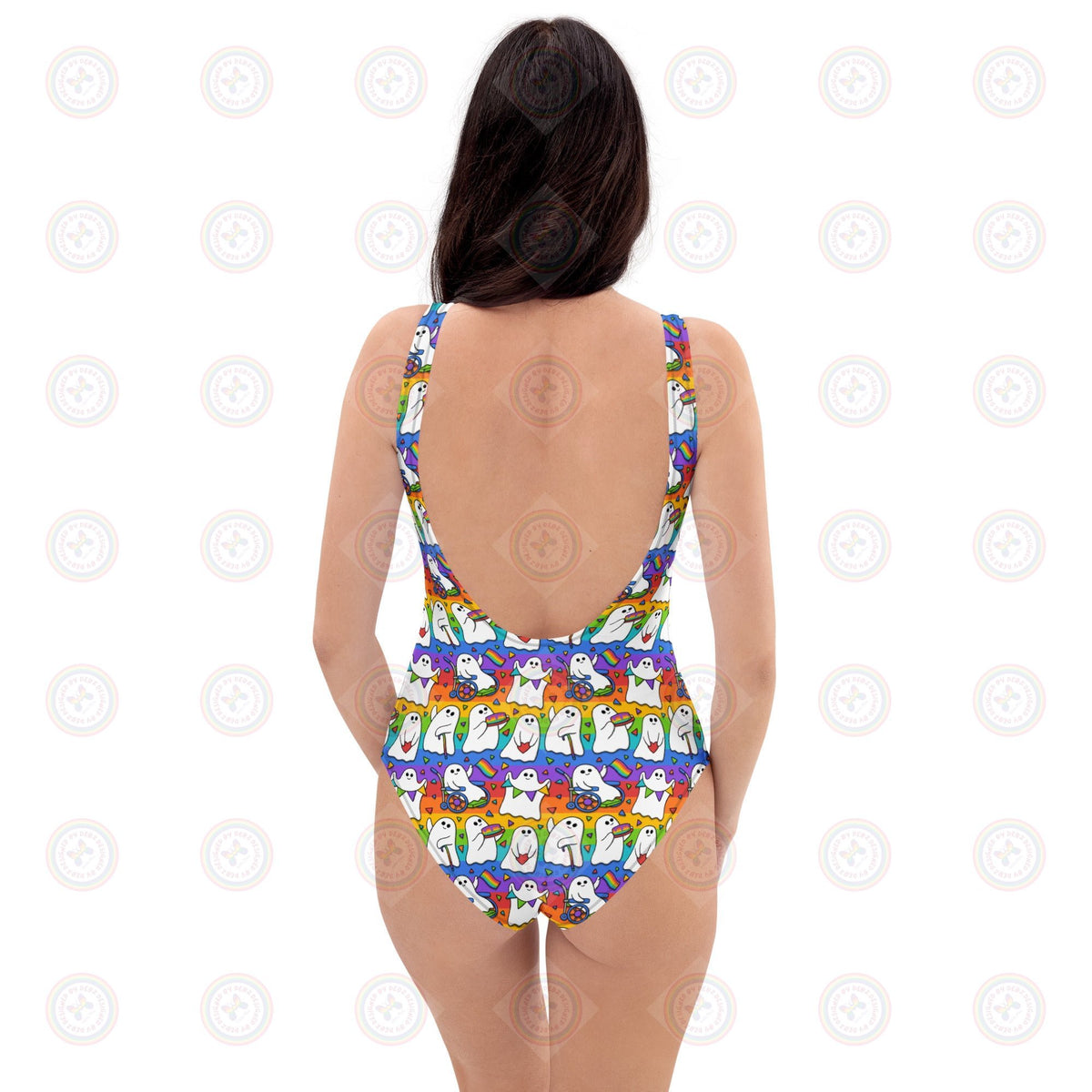 White one-piece swimsuit by Wilde Mode Pride Ghosts with all-over print, designed for comfort and style.