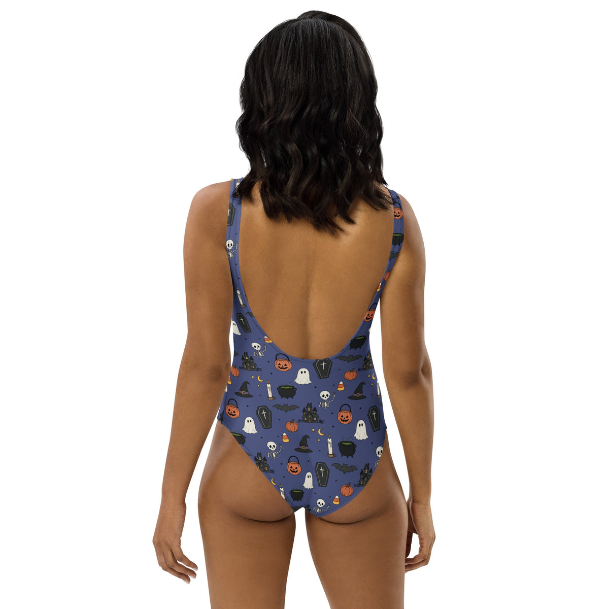 Navy one-piece swimsuit with spooky Halloween icons print by Printful, featuring colorful Halloween-themed graphics all over.