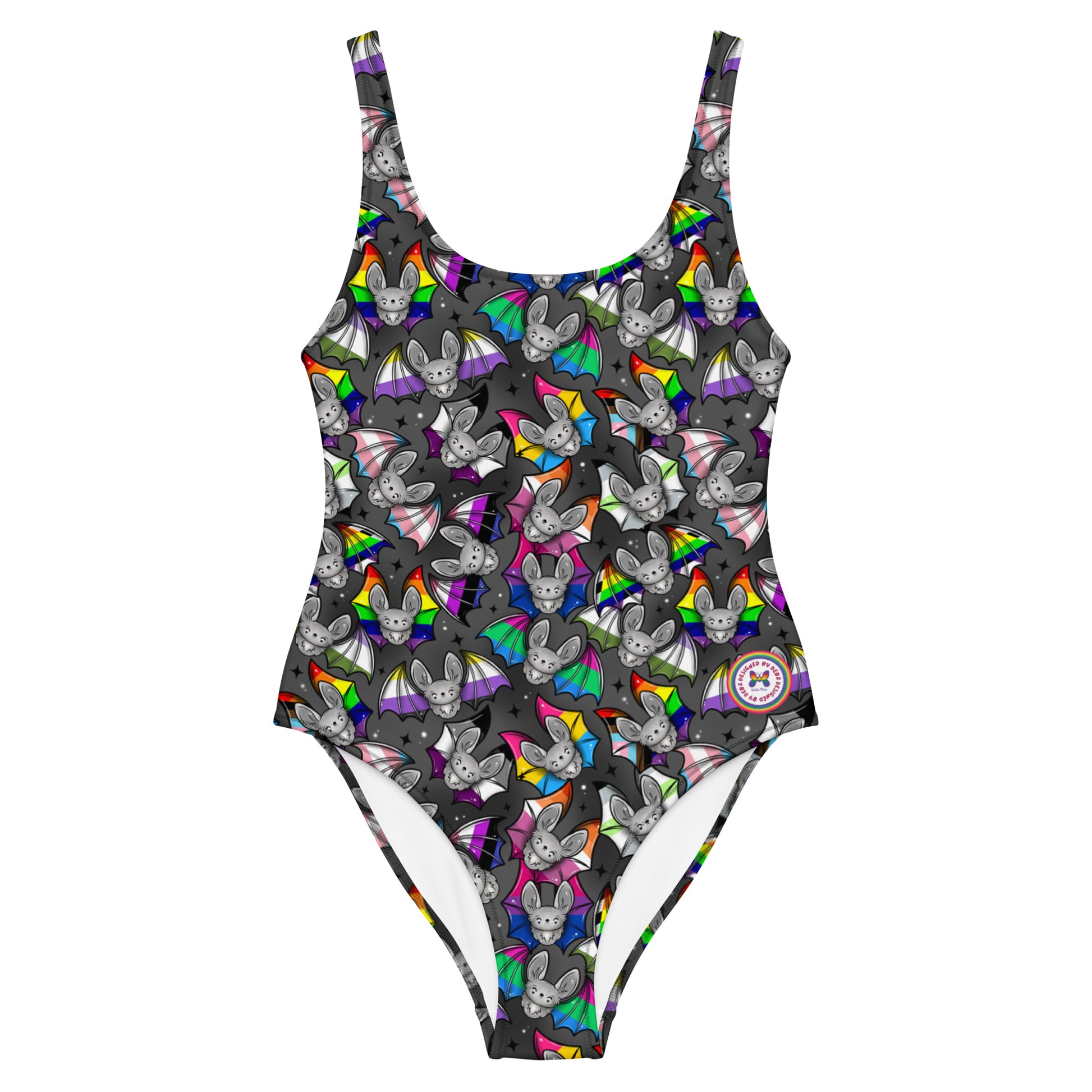 LGBTQ+ Pride Pride Bats one-piece swimsuit with all-over print, handmade, UPF 50+ recycled fabric, front view.