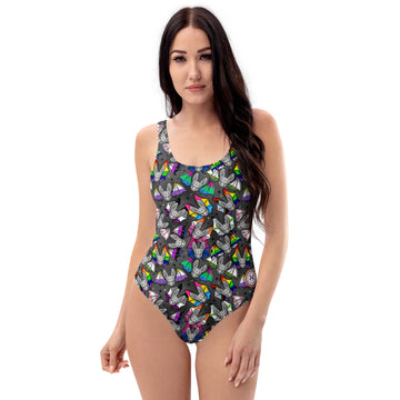Printful Pride Bats swimsuit, handmade LGBTQ+ one-piece with all-over rainbow print, UPF 50+ recycled fabric, front view.