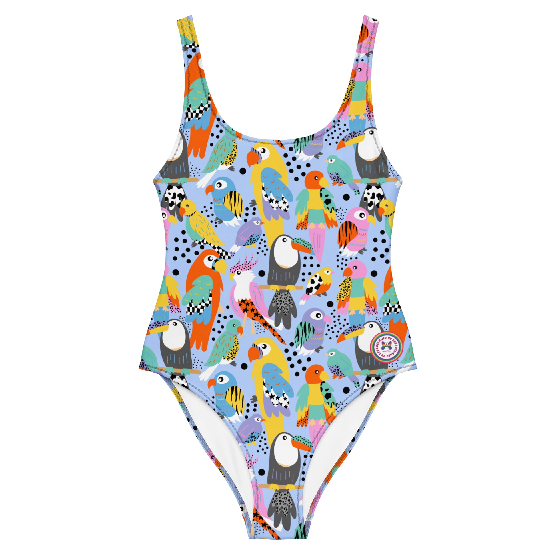 Handmade tropical birds swimsuit by Printful, all-over print UPF 50+ recycled one-piece swimwear for all bodies, front view.