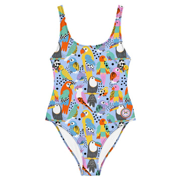 Handmade tropical birds swimsuit by Printful, all-over print UPF 50+ recycled one-piece swimwear for all bodies, front view.