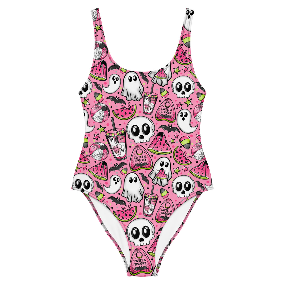 Pink one-piece swimsuit with all-over print of ghosts, skulls, and watermelons, featuring a fun, spooky design by Printful.