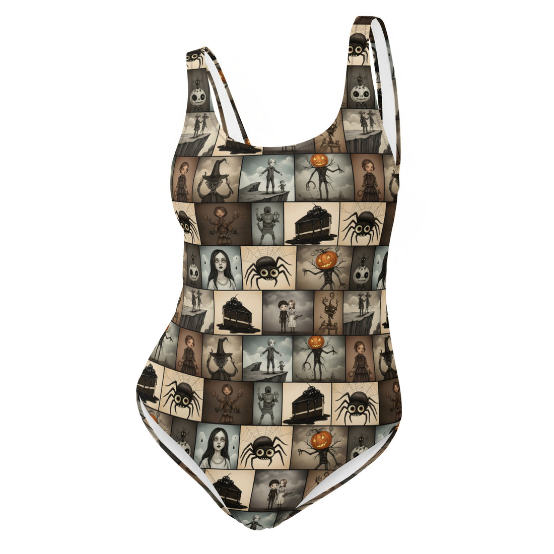 Dark storybook characters one-piece swimsuit by Printful featuring gothic illustrated print on white background, front view.