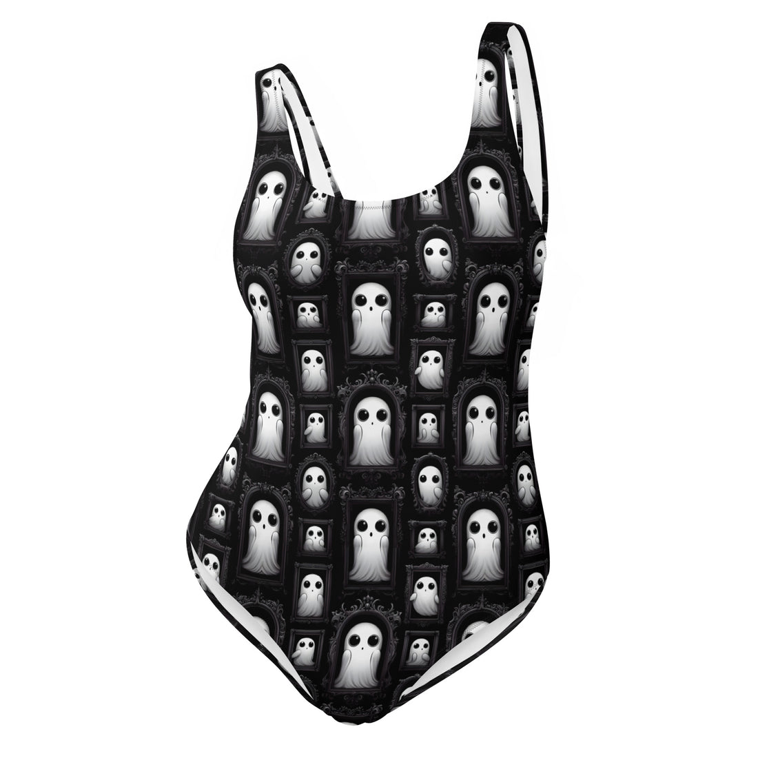 White one-piece swimsuit featuring a gothic horror ghost portrait print, showcasing detailed all-over spooky artwork.