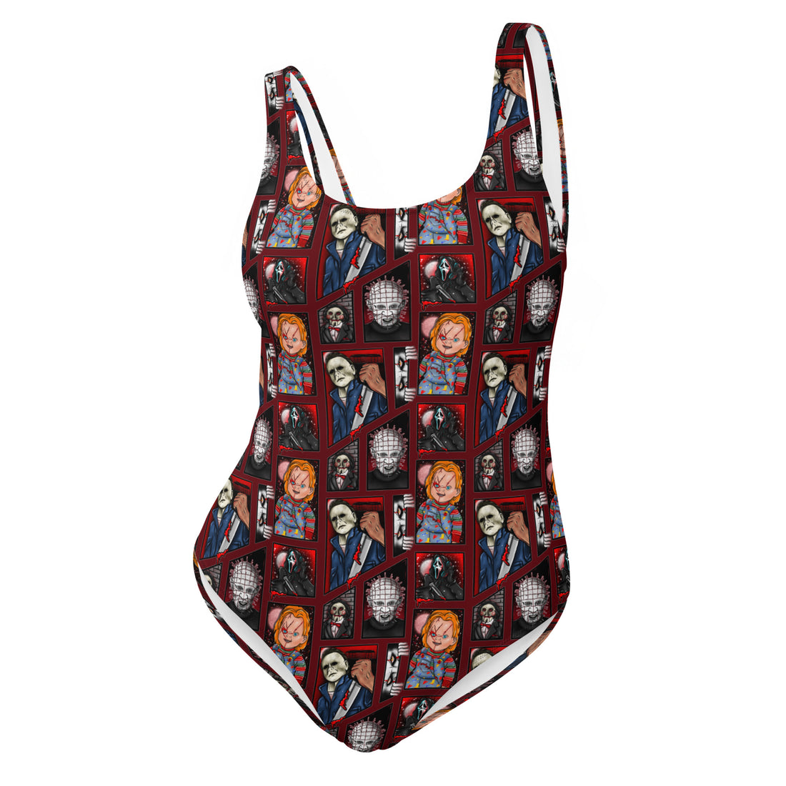 White one-piece swimsuit with all-over print featuring horror characters Chucky, Freddy, and Jason from Friday the 13th.