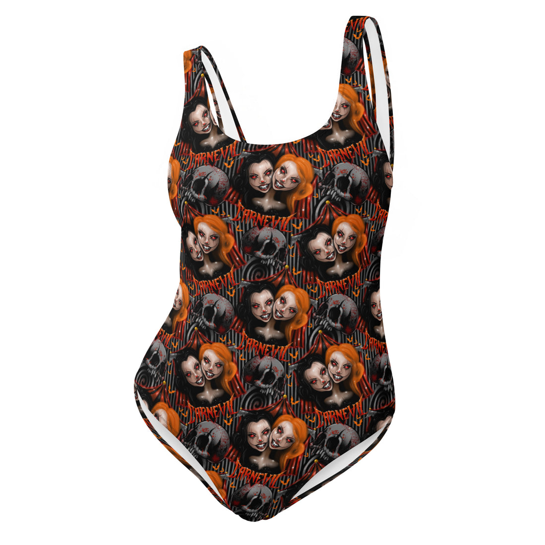 White one-piece swimsuit by Printful featuring a gothic horror clown print with two-headed clown design.