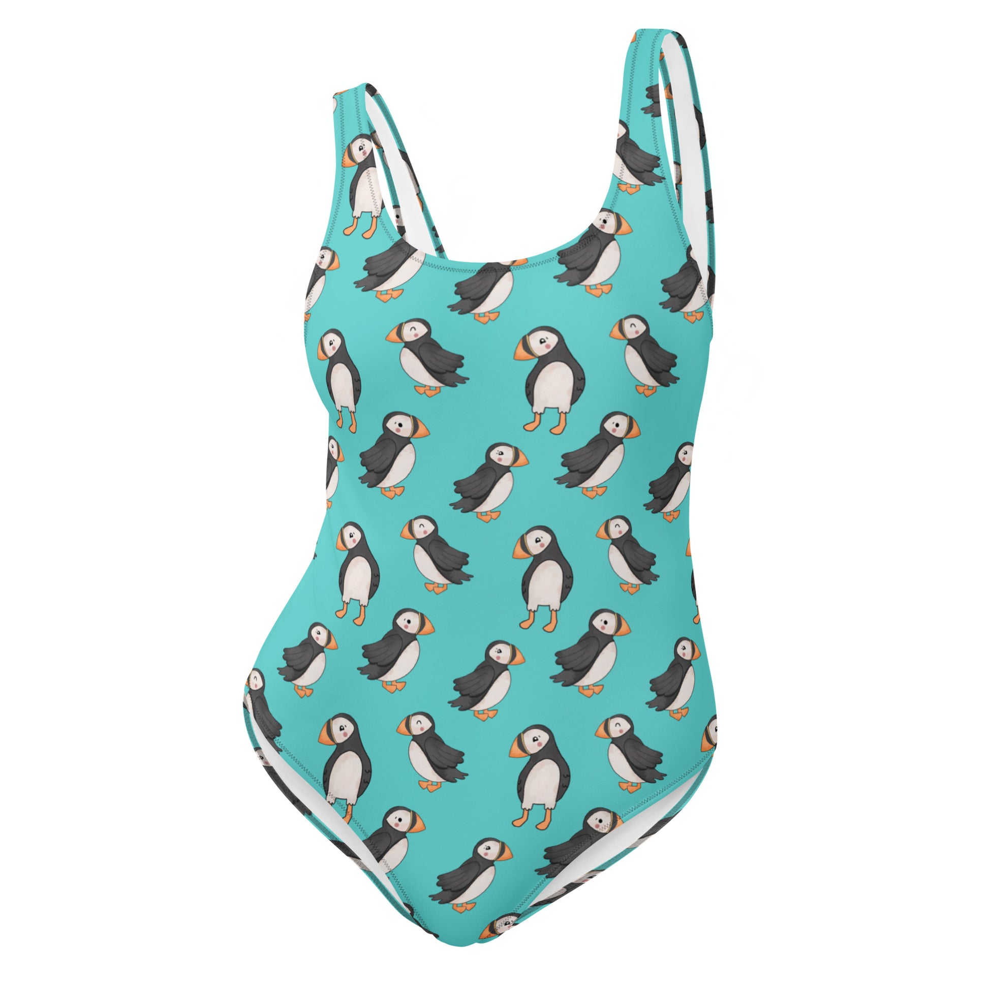Teal one-piece swimsuit featuring a cute puffin print, all-over design, by Printful, shown from the front.