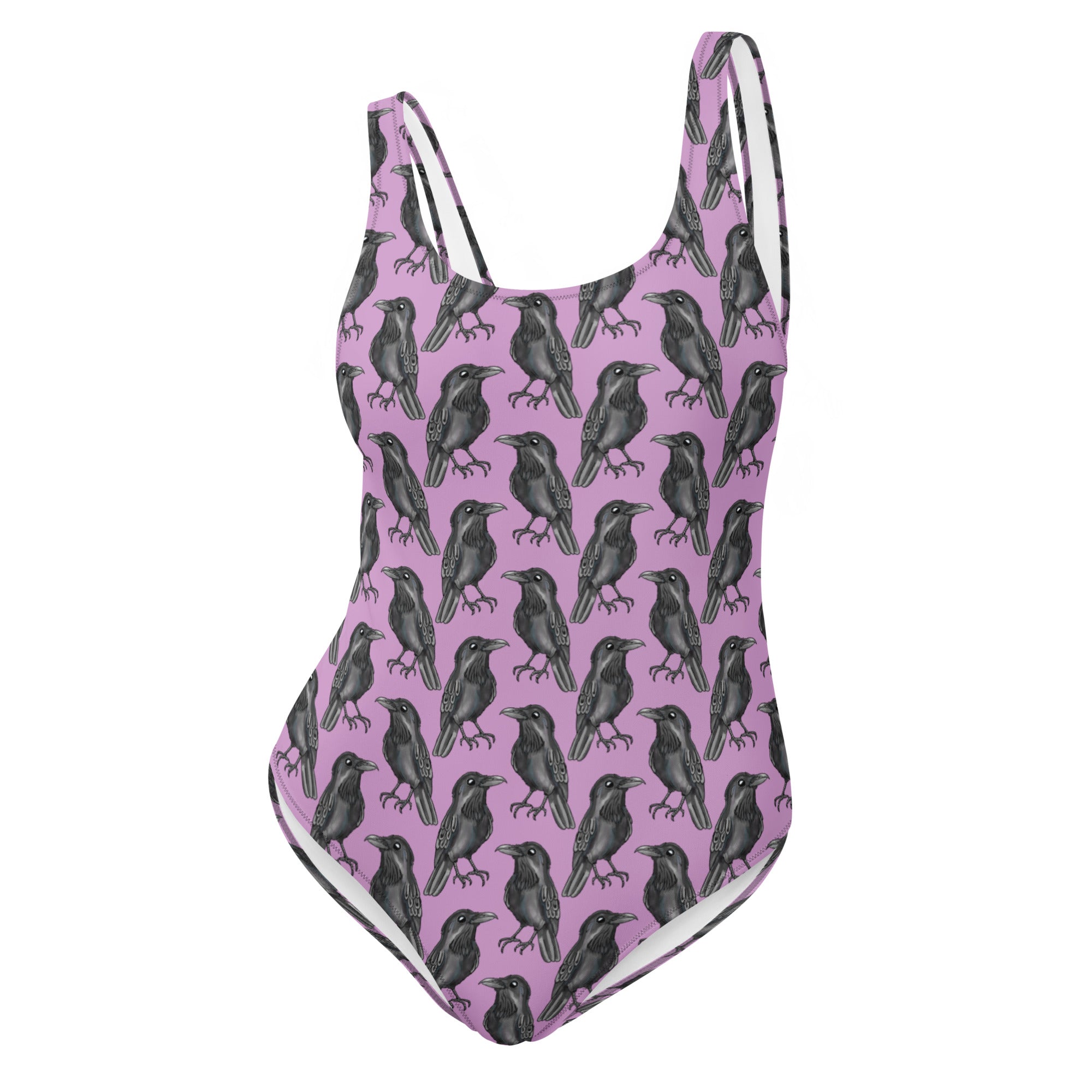 Lilac Gothic crow print one-piece swimsuit by Printful featuring an all-over crow design on a white background.