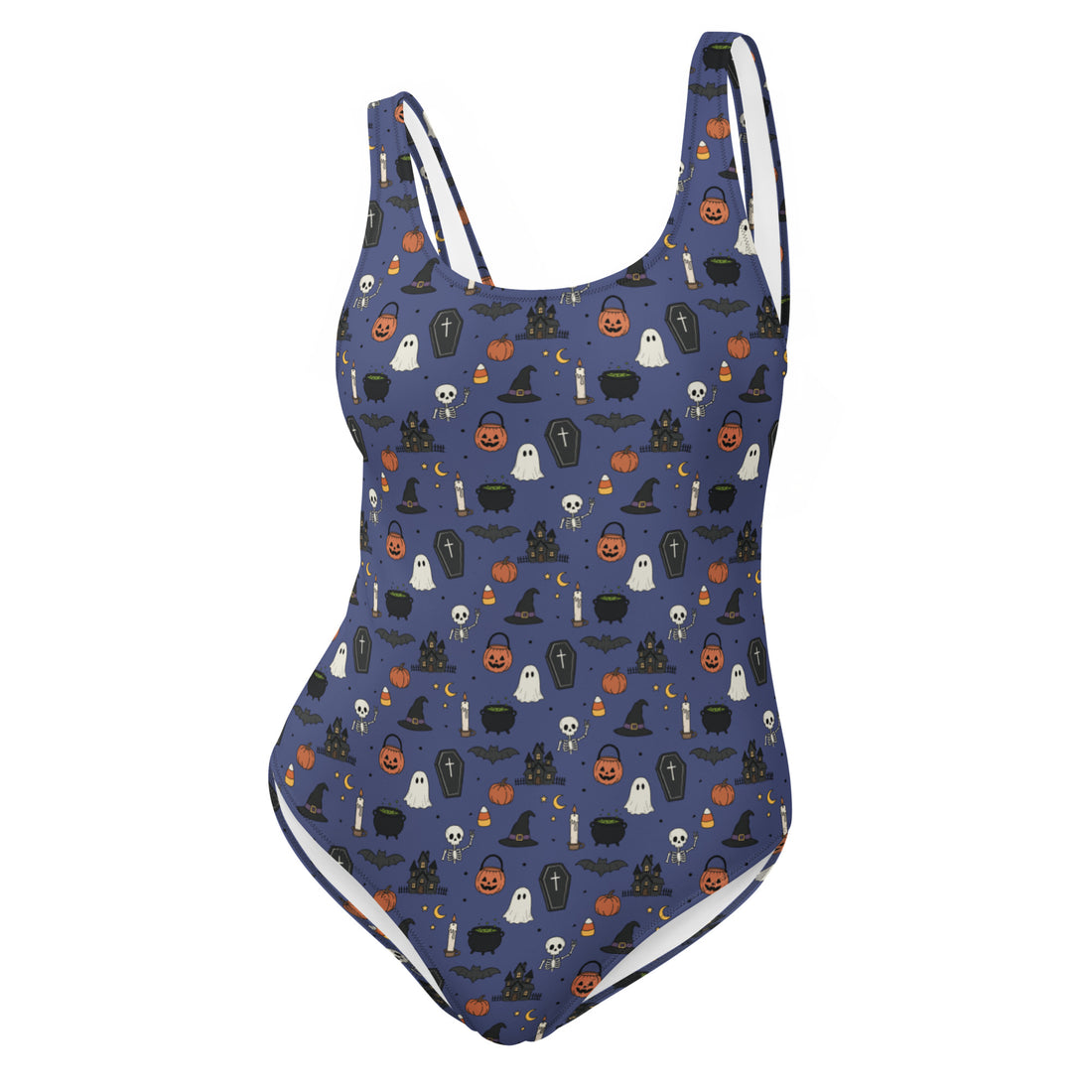 Navy one-piece swimsuit with spooky Halloween icons, all-over print, designed by Printful, displayed from the front view.