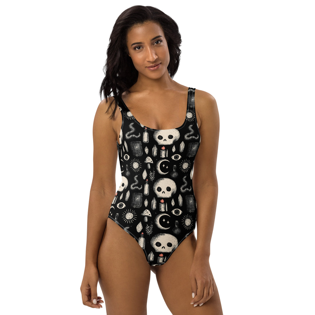 White gothic print one-piece swimsuit by Printful, made from recycled materials, featuring all-over dark Gothic Wonders design.