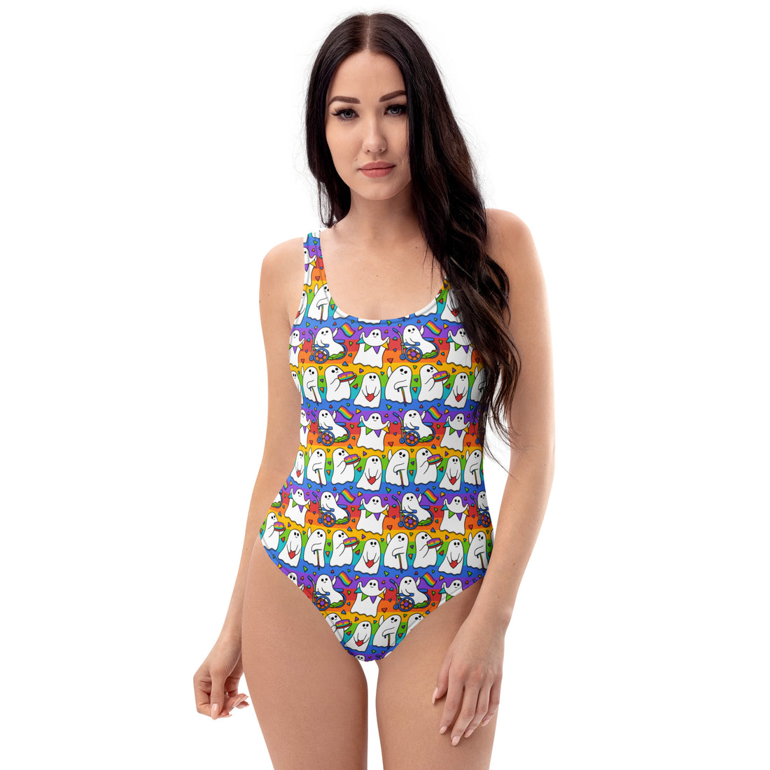 White one-piece swimsuit featuring Pride Ghosts print by Wilde Mode, made to order, showing front view with colorful all-over design.