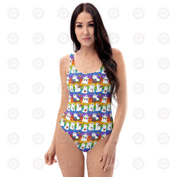 White one-piece swimsuit featuring Pride Ghosts print by Wilde Mode, made to order, showing front view with colorful all-over design.