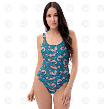 White one-piece swimsuit by Wilde Mode Pride Axolotl with colorful all-over print, made to order, displayed flat front view.