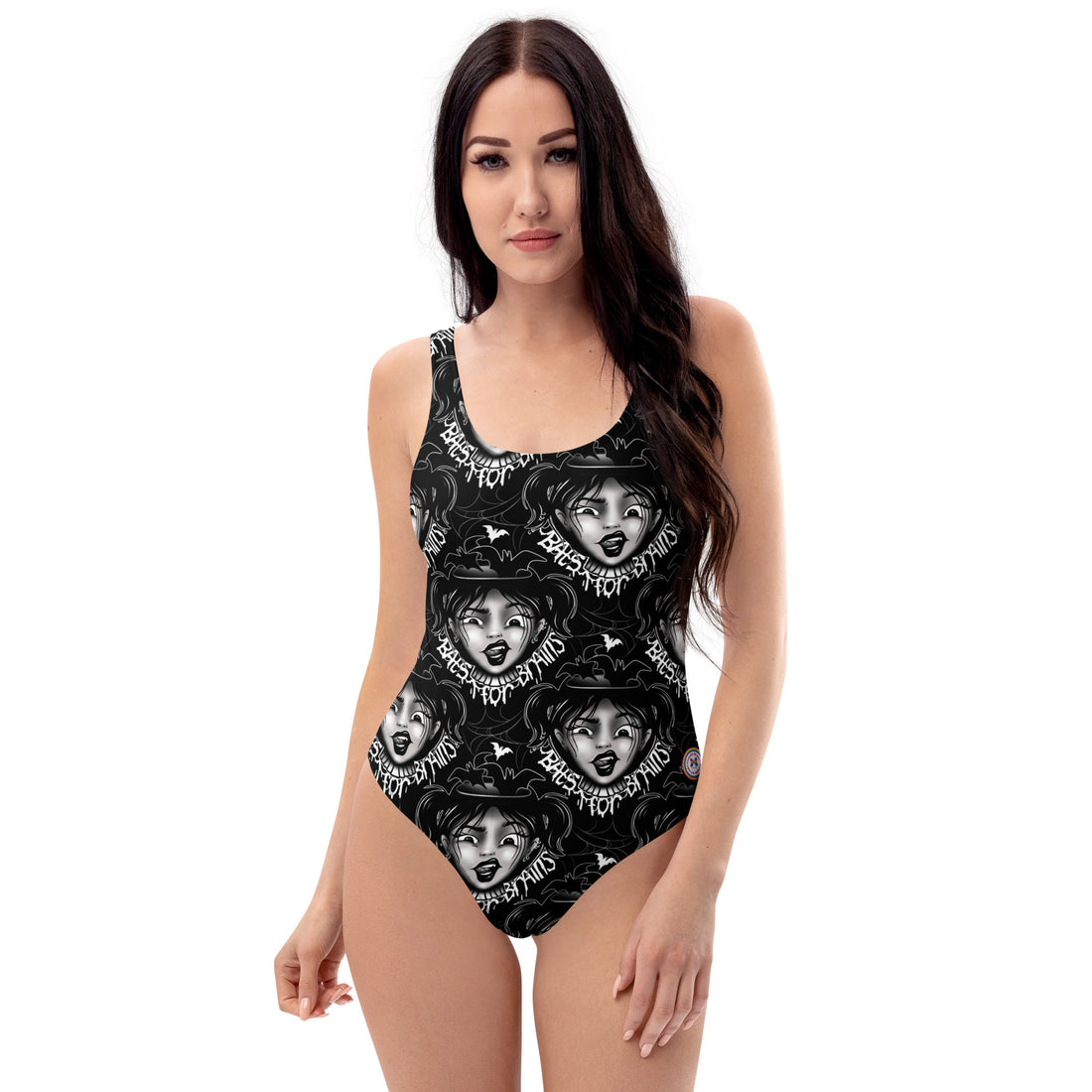 Printful Bats for Brains one-piece swimsuit with all-over white print, made from recycled swimwear material, front view.
