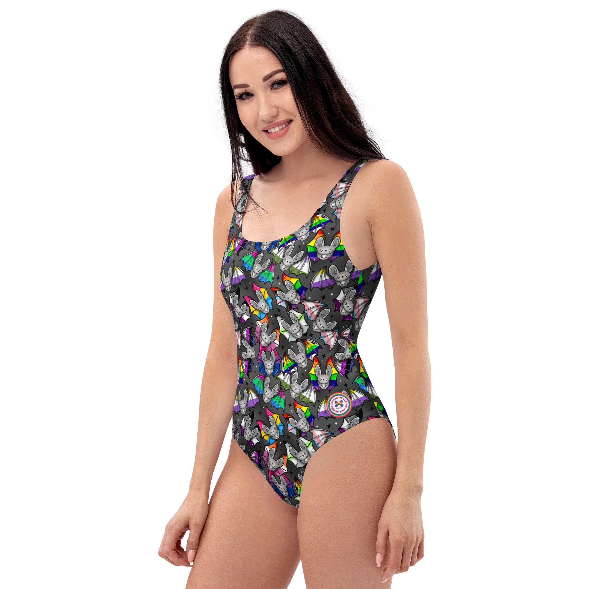 LGBTQ+ Pride Pride Bats one-piece swimsuit with all-over colorful print, handmade UPF 50+ recycled fabric, and cut-sew design.