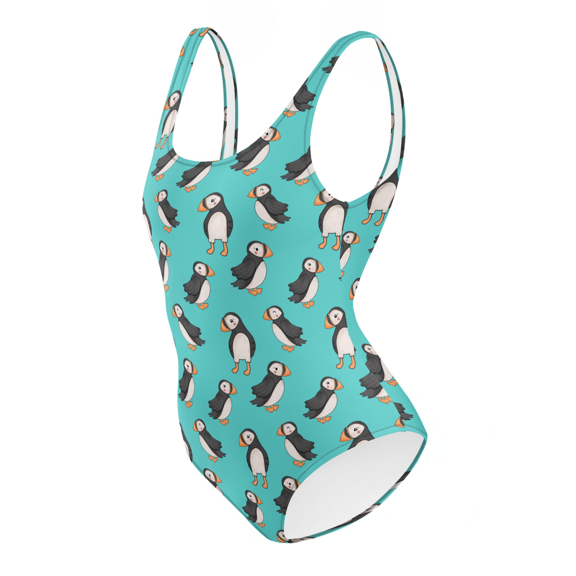 Teal one-piece swimsuit with puffin print from Printful, featuring all-over puffin design and a cute, playful style.