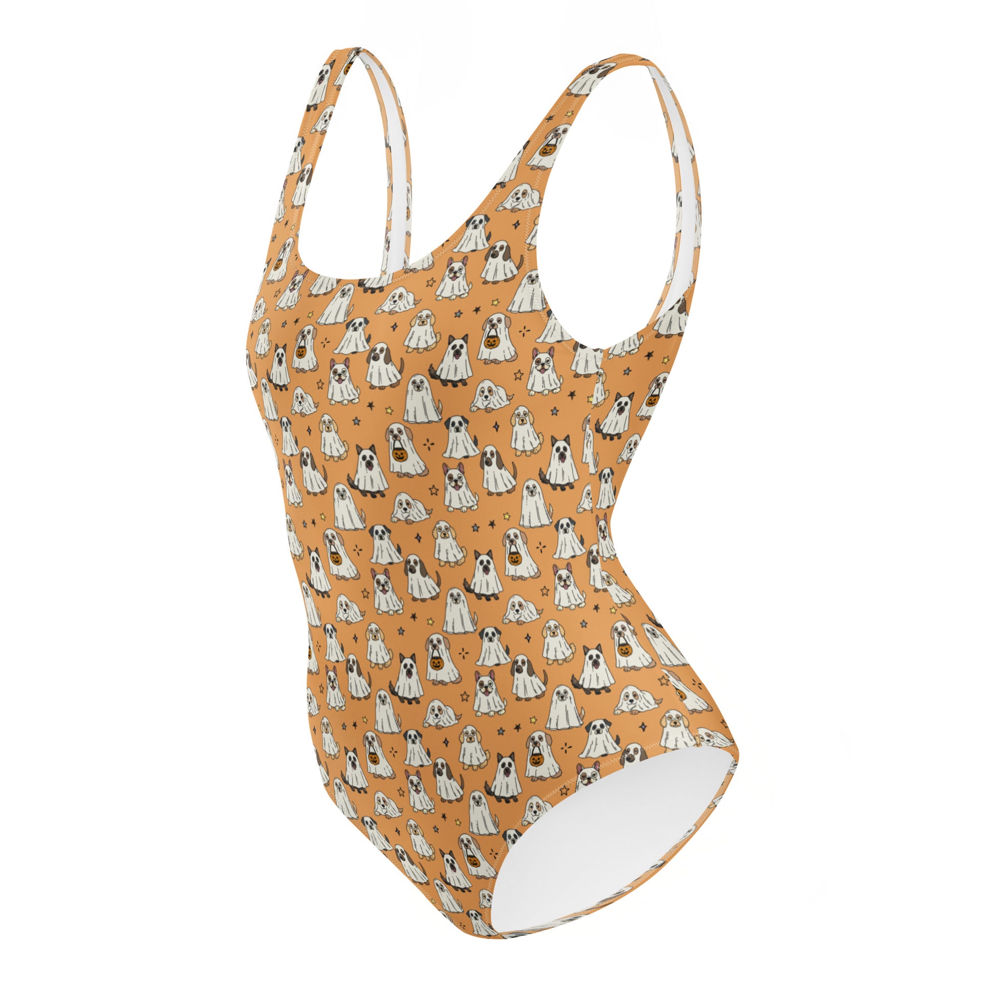 Printful Ghost Dogs Halloween one-piece swimsuit with all-over print featuring spooky ghost dogs in costumes on white background.