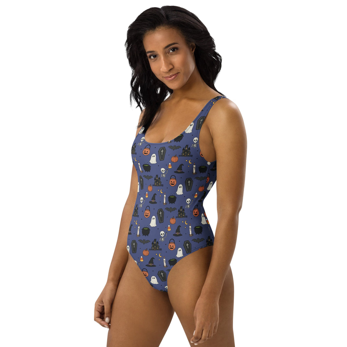 Navy one-piece swimsuit with spooky Halloween icons and all-over print, designed by Printful.