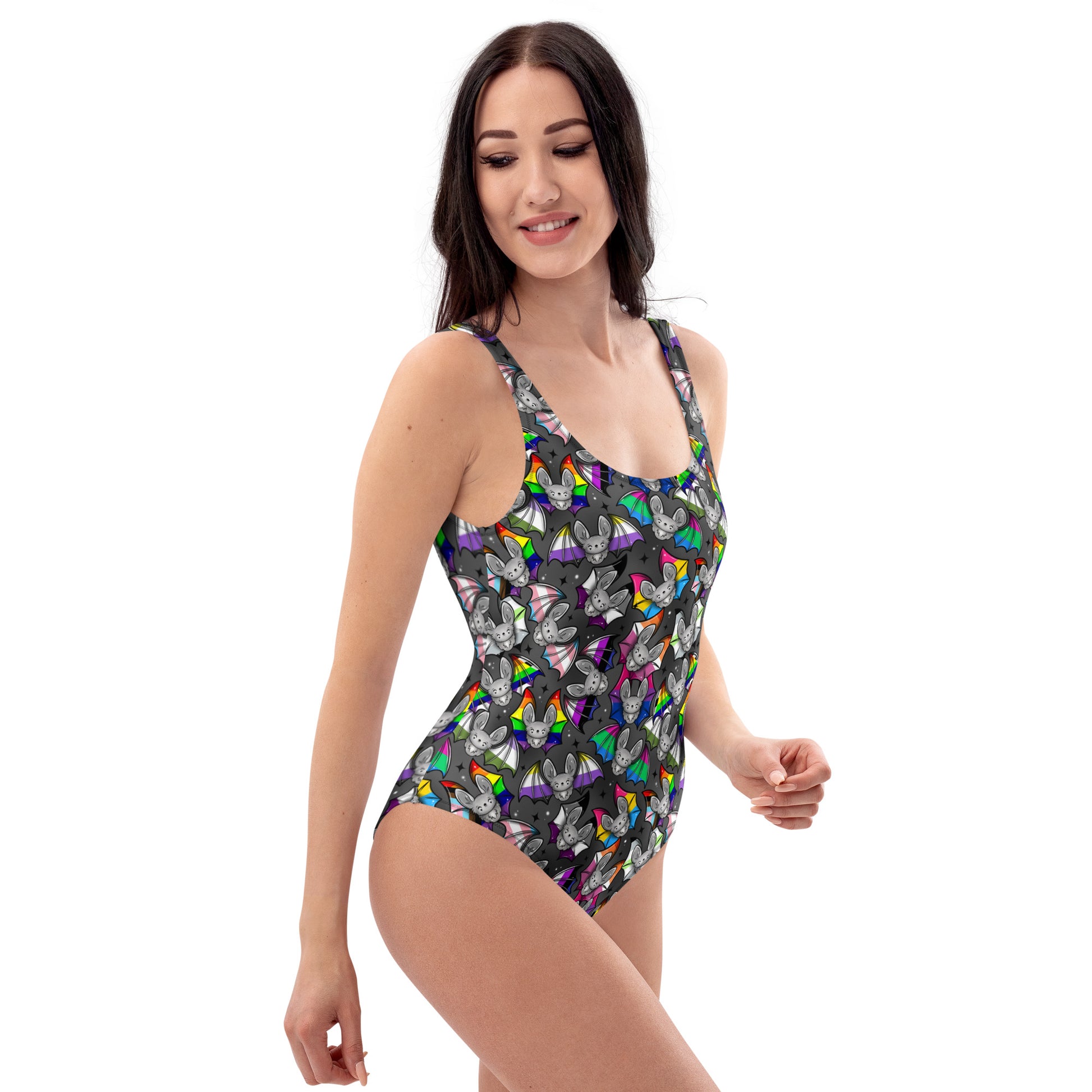 LGBTQ+ Pride Pride Bats one-piece swimsuit with colorful all-over print, handmade, UPF 50+ recycled fabric, cut-sew style.