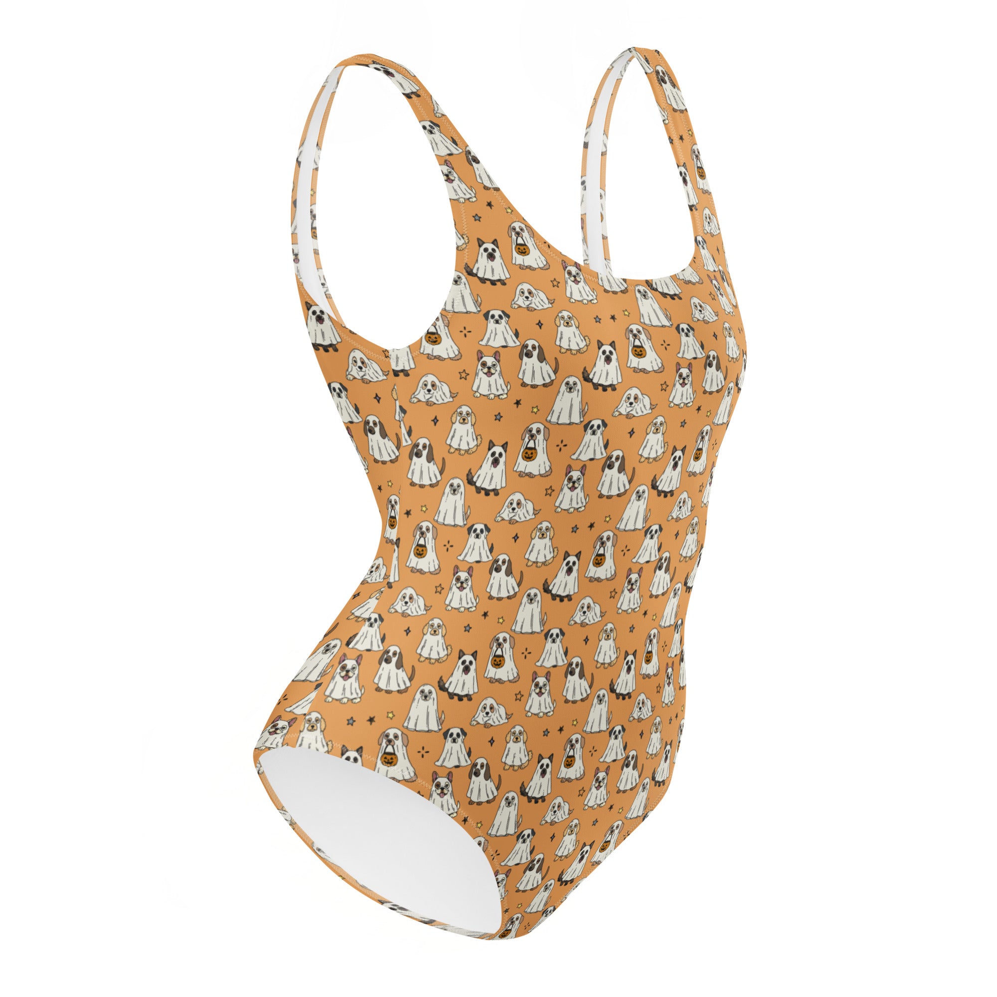 Printful ghost dogs Halloween one-piece swimsuit with all-over print featuring spooky dog costumes on white background.