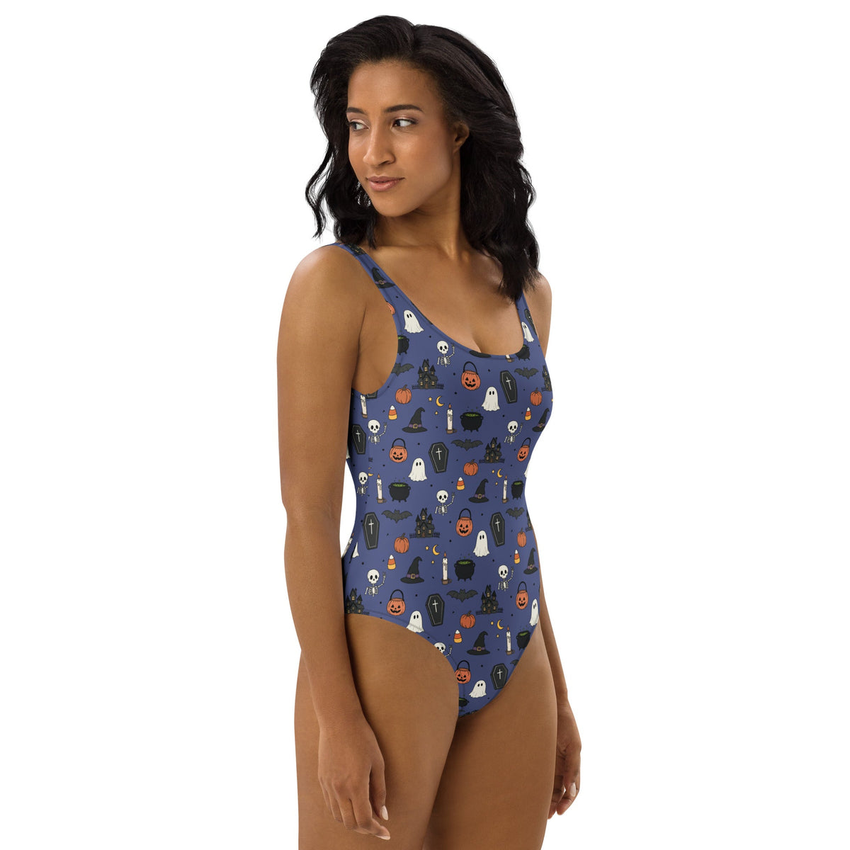 Navy one-piece swimsuit with Halloween spooky icons print by Printful, featuring all-over spooky Halloween-themed design.