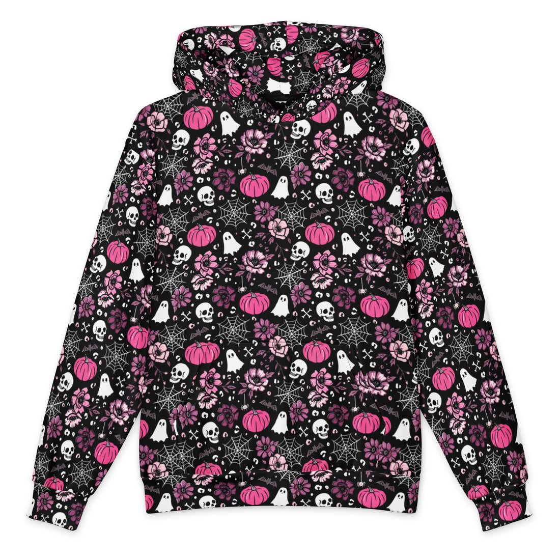 All-over print pink Halloween oversized cotton hoodie by Printful, front view showing vibrant design and cozy fit.