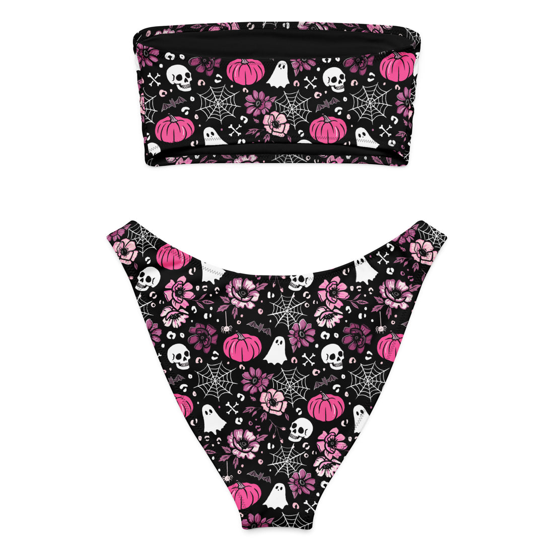 Printful pink Halloween-themed bandeau bikini made from recycled materials, with all-over print and white back design.