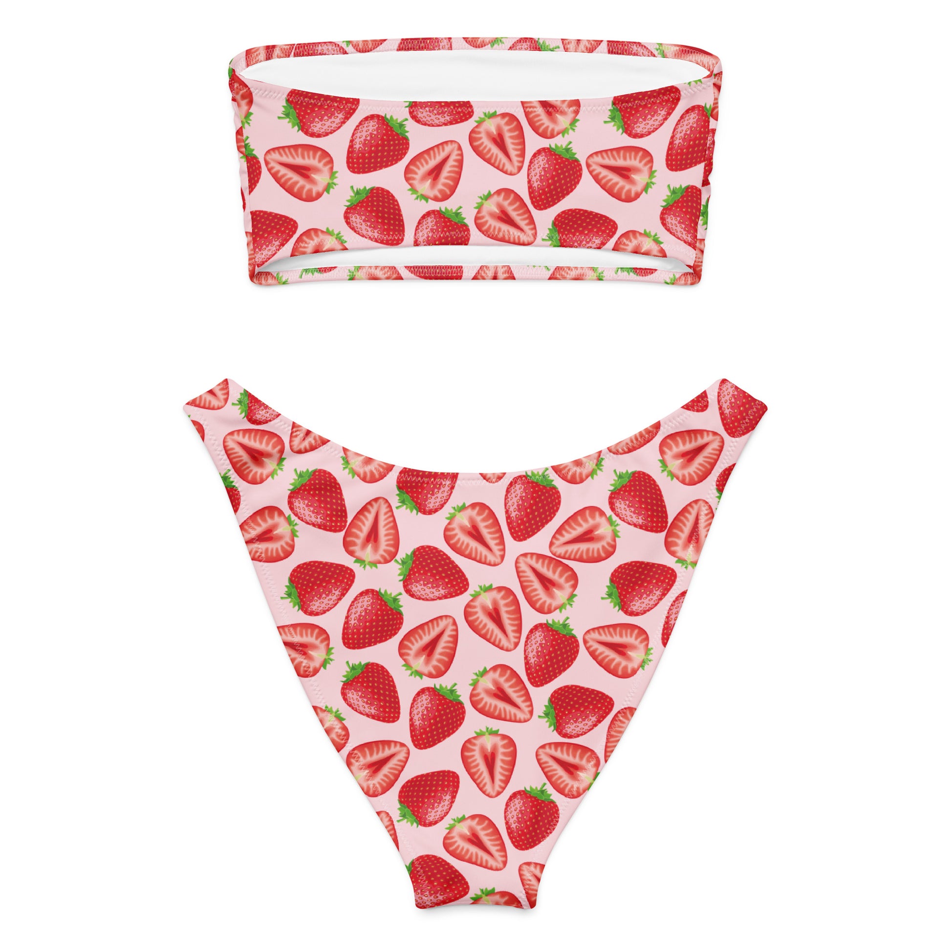 Printful recycled bandeau bikini with a realistic strawberry print, featuring a white back and all-over fruit pattern.