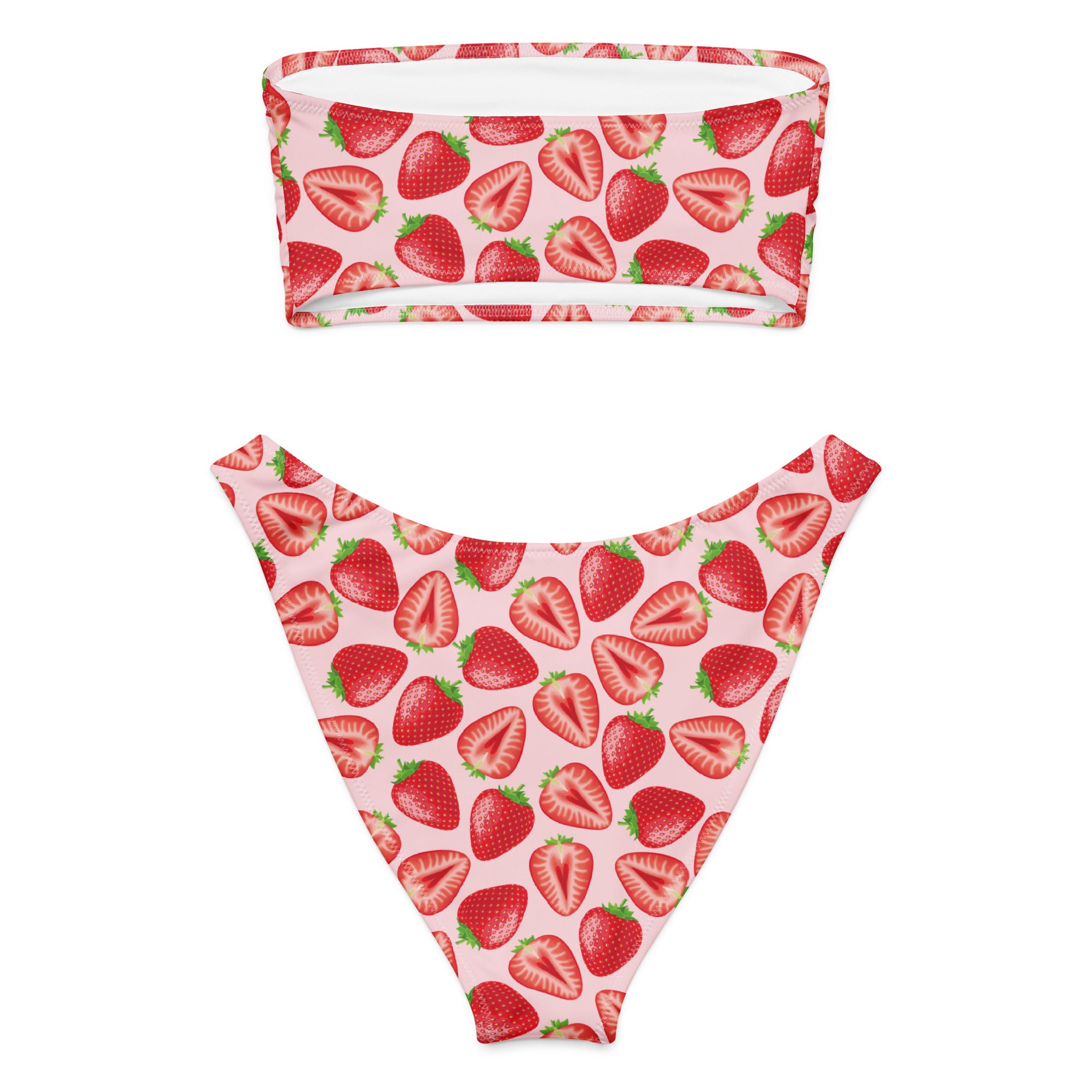 Printful recycled bandeau bikini with a realistic strawberry print, featuring a white back and all-over fruit pattern.