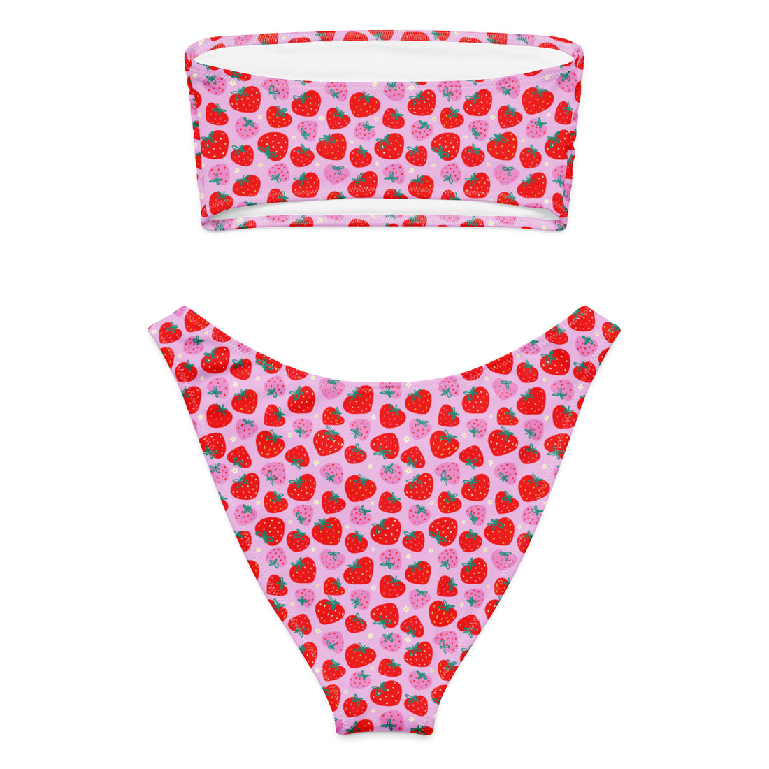 Pink and red graphic strawberries recycled bandeau bikini with all-over print, shown from the back on a white background.