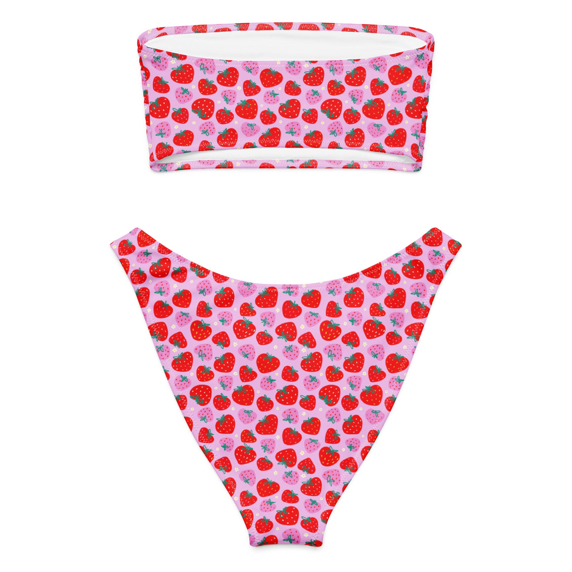 Pink and red graphic strawberries recycled bandeau bikini with all-over print, shown from the back on a white background.