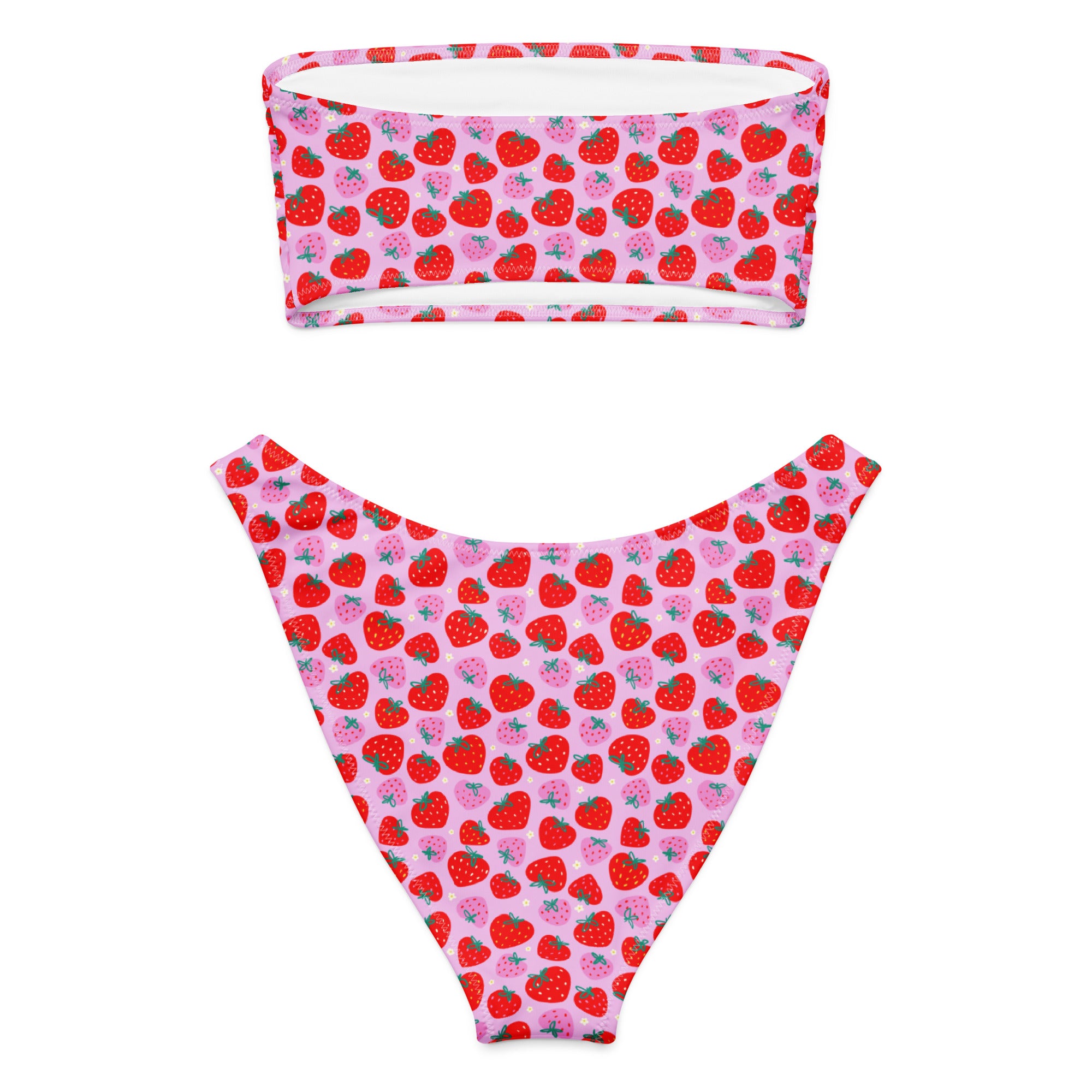 Pink and red graphic strawberries recycled bandeau bikini with all-over print, shown from the back on a white background.
