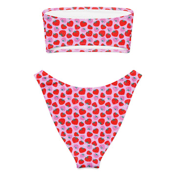 Pink and red graphic strawberries recycled bandeau bikini with all-over print, shown from the back on a white background.