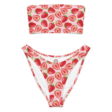 Printful recycled bandeau bikini with realistic strawberry print, featuring a white background and all-over strawberry design.