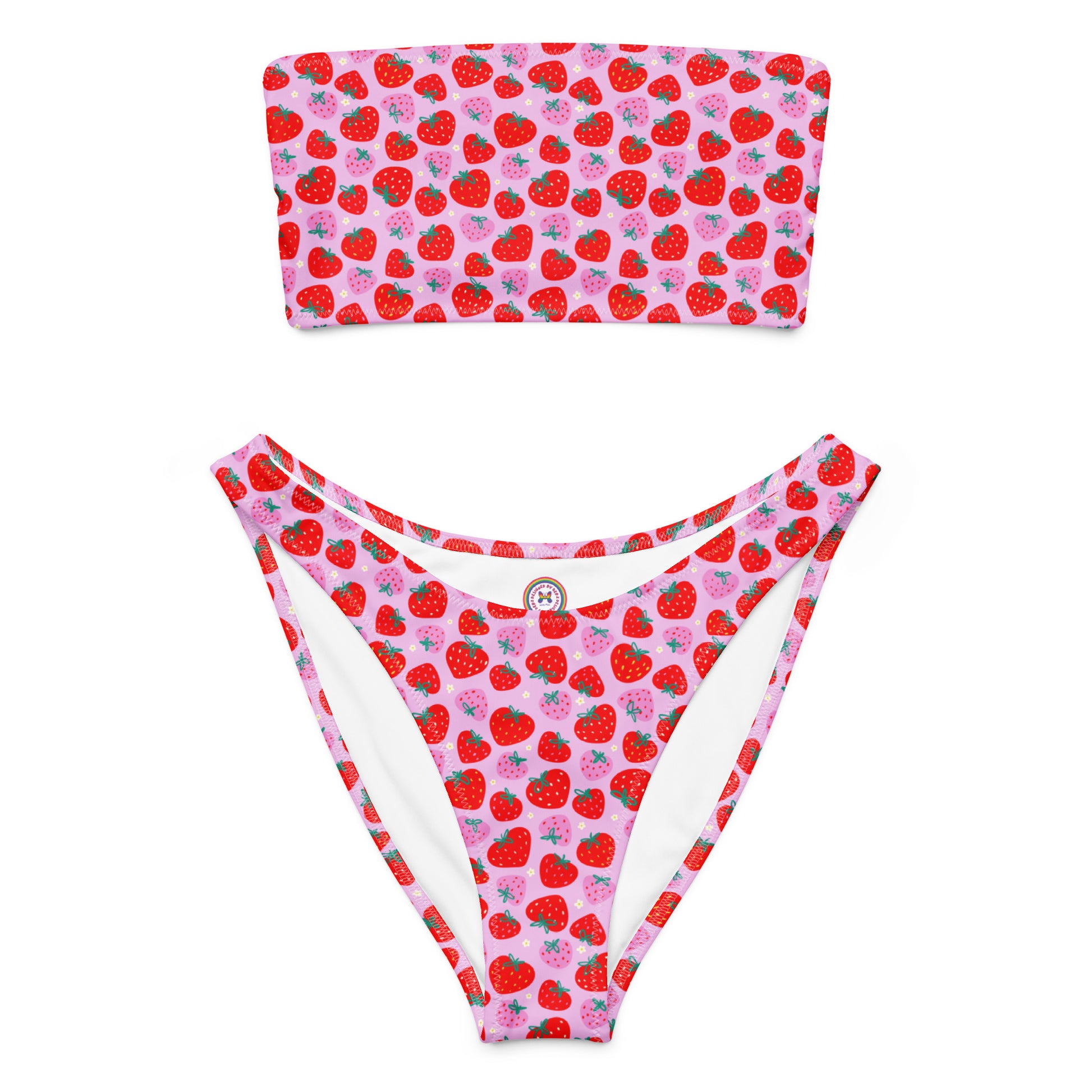 Pink and red graphic strawberries printed recycled bandeau bikini, front view, with vibrant strawberry design from Printful.