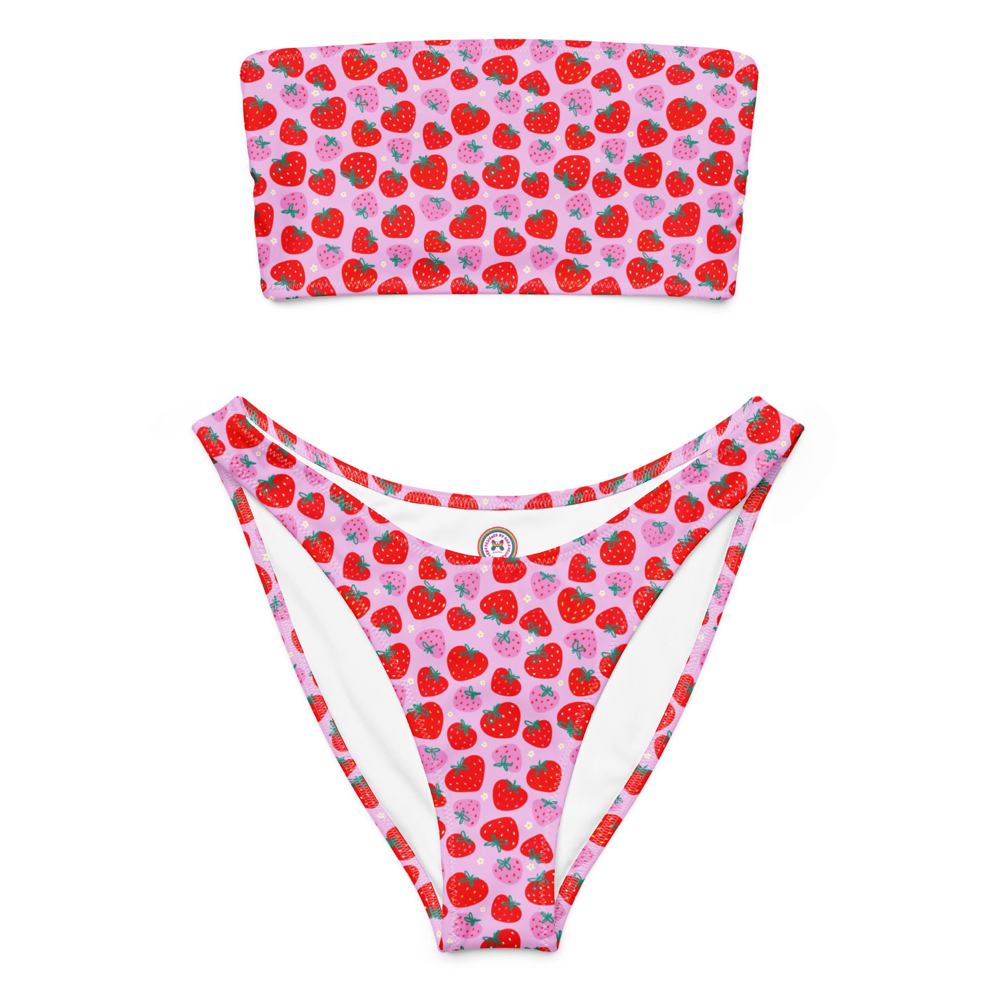Pink and red graphic strawberries printed recycled bandeau bikini, front view, with vibrant strawberry design from Printful.